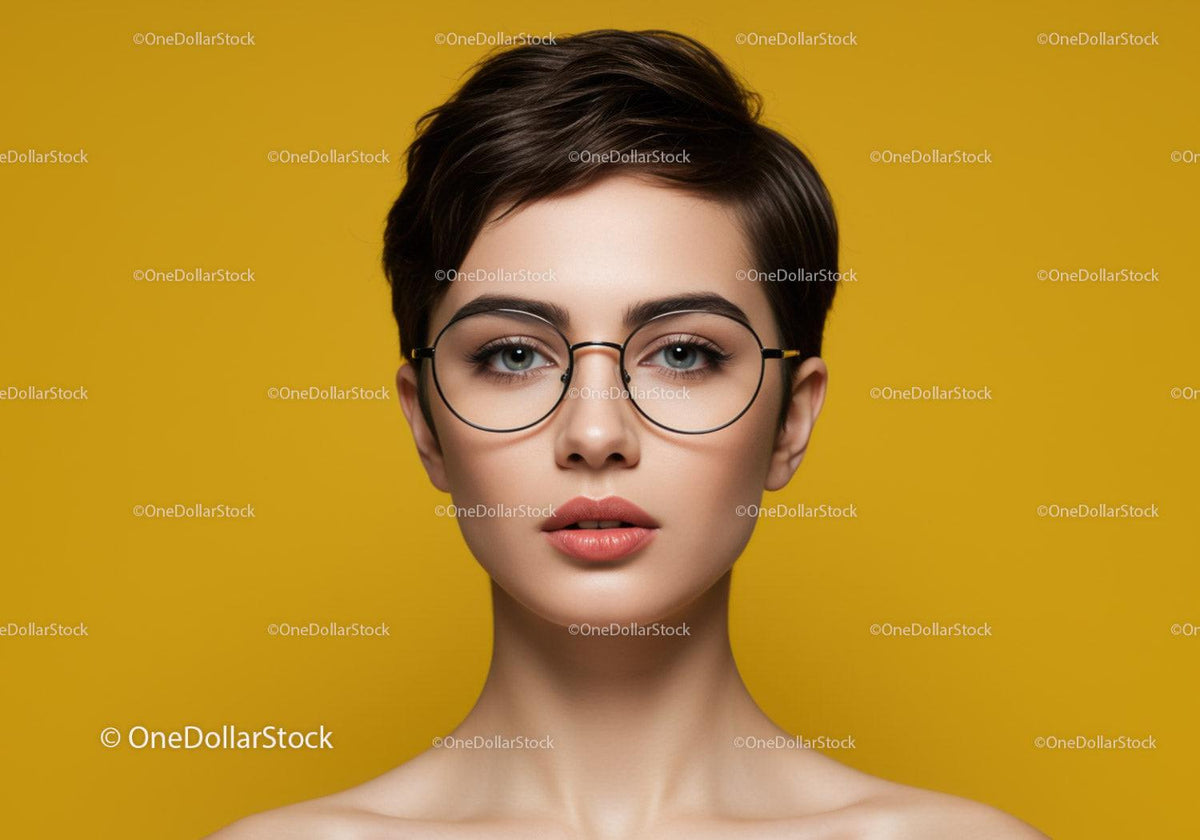 Portrait of a Stylish Woman with Short Hair and Glasses on Yellow Background
