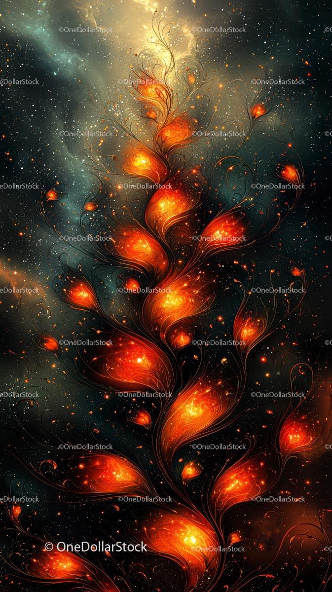 Abstract Red and Orange Cosmic Nebula with Galaxies and Stars