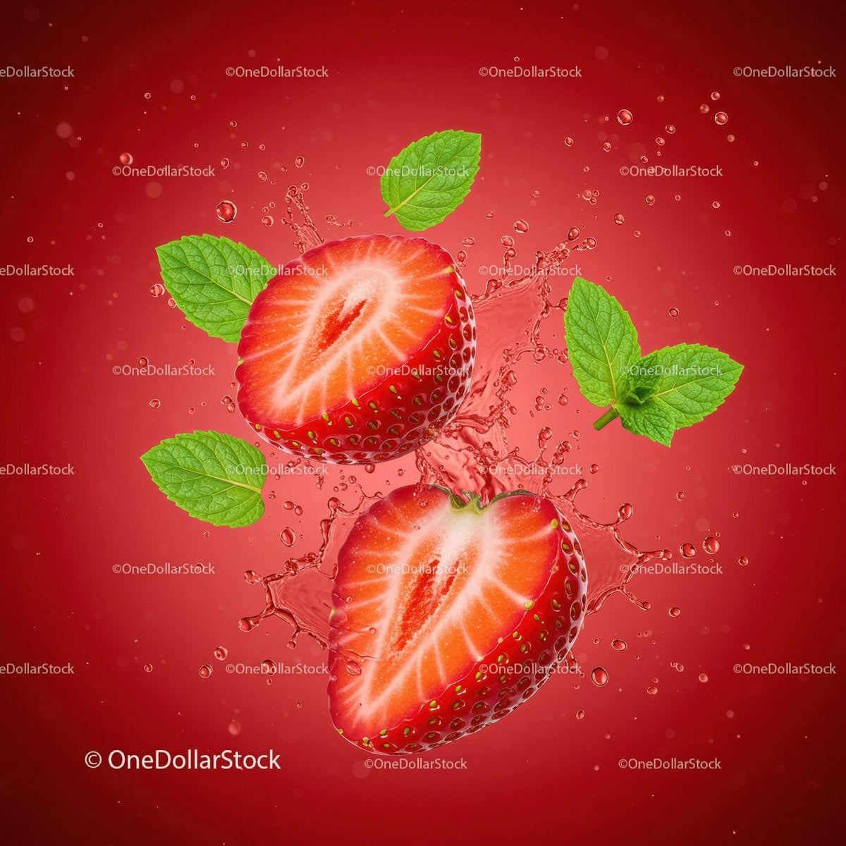 Fresh sliced strawberries with mint leaves splash
