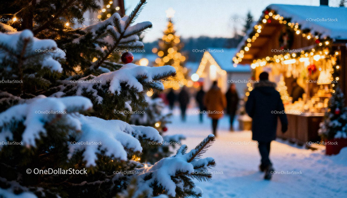 Snowy Christmas Market with Festive Lights at Twilight
