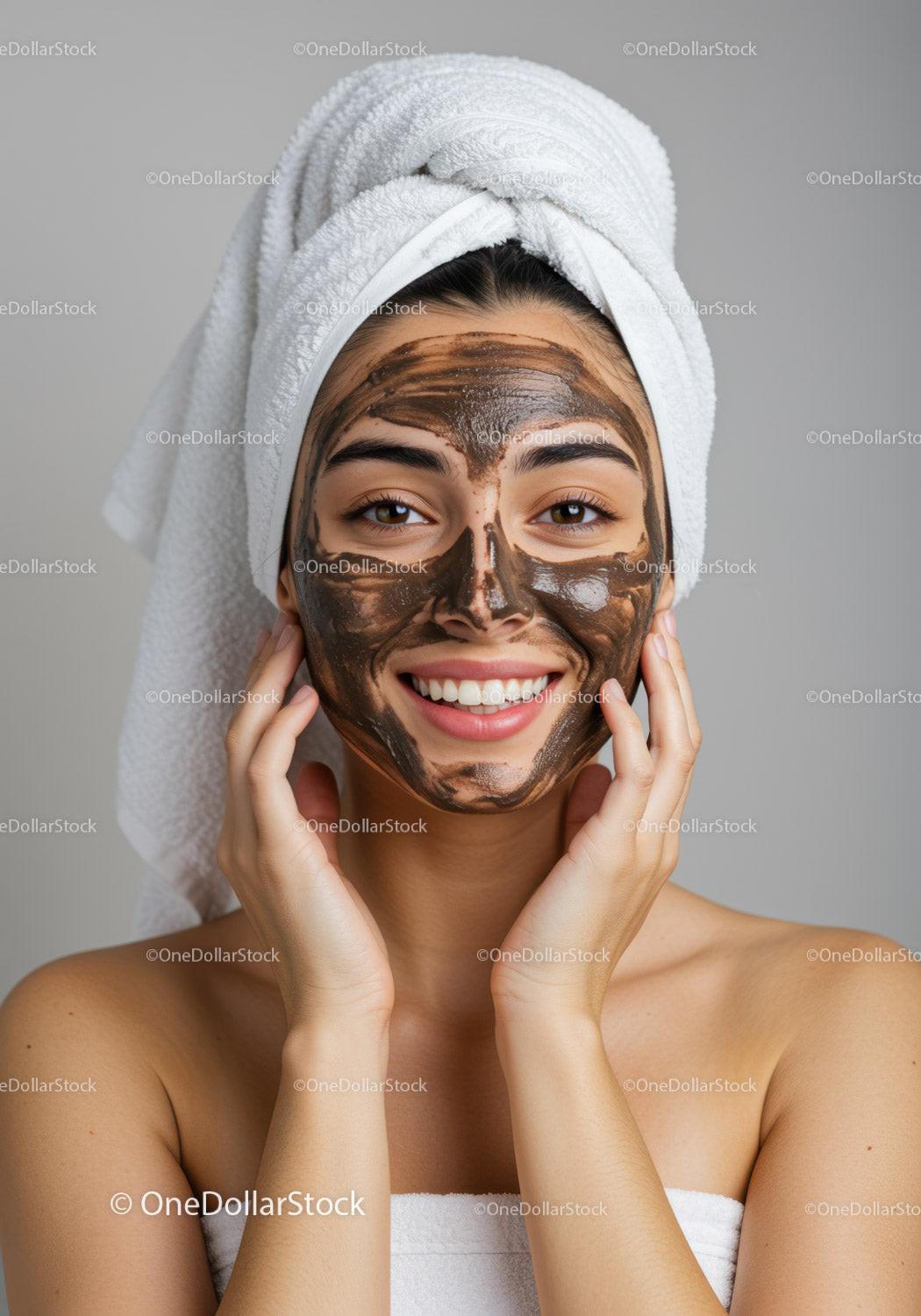 Young Woman Applying Facial Mask for Skin Care Treatment
