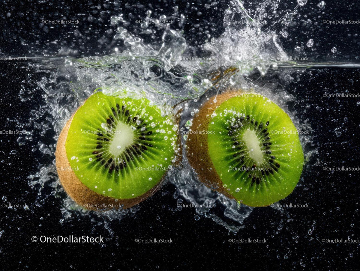 Fresh Kiwi Fruit Slices with Water Splash in Dark Background