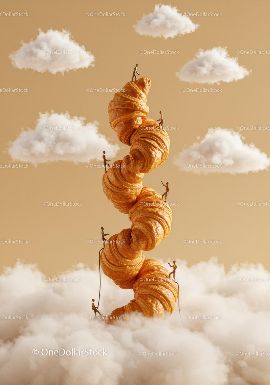 Miniature Figures Climbing Tower of Croissants in Clouds