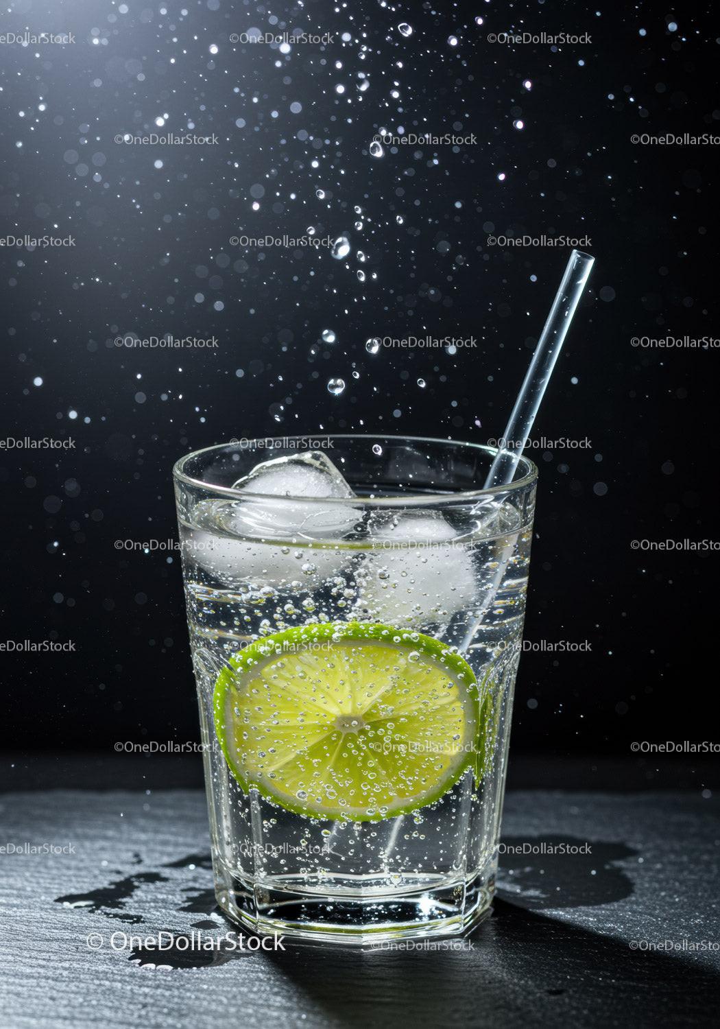 Refreshing sparkling water with lime slice and ice cubes