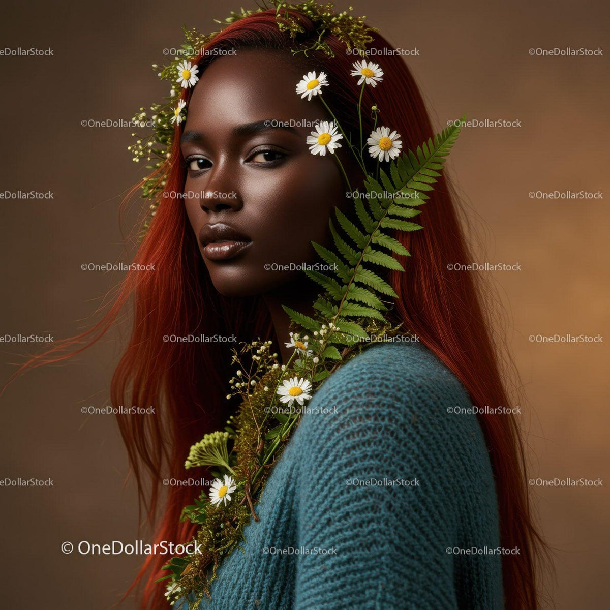 Elegant Portrait of a Woman with Flowing Red Hair and Botanical Accessories Stock Photo Bundle preview 16