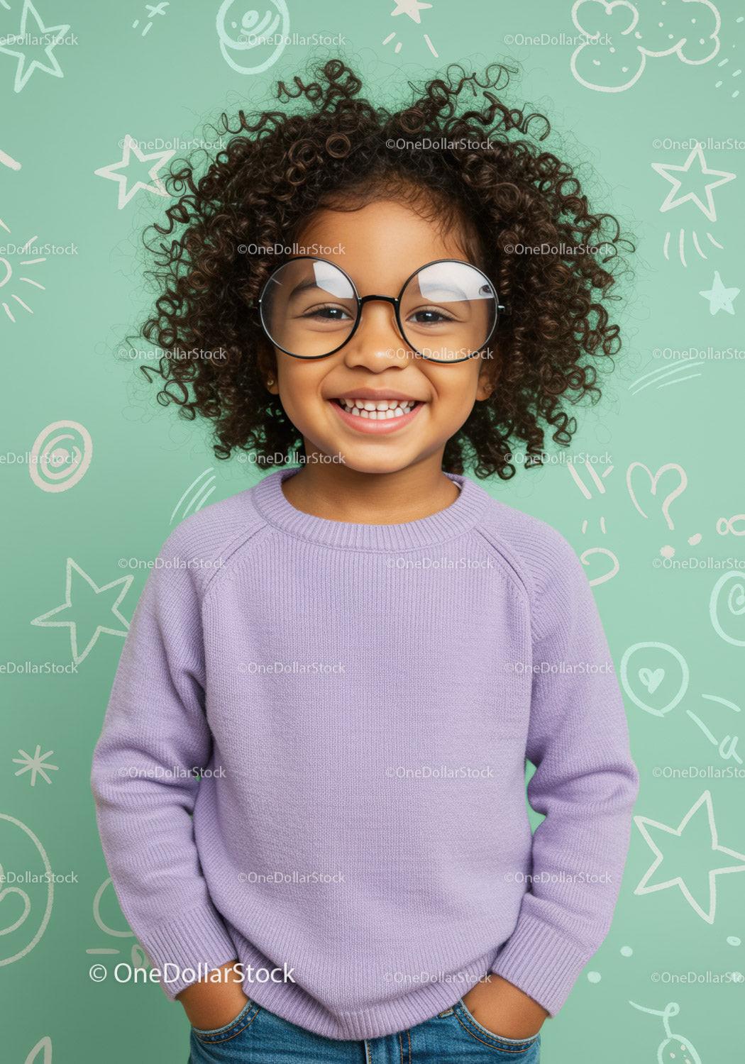 Smiling curly haired child wearing glasses and sweater