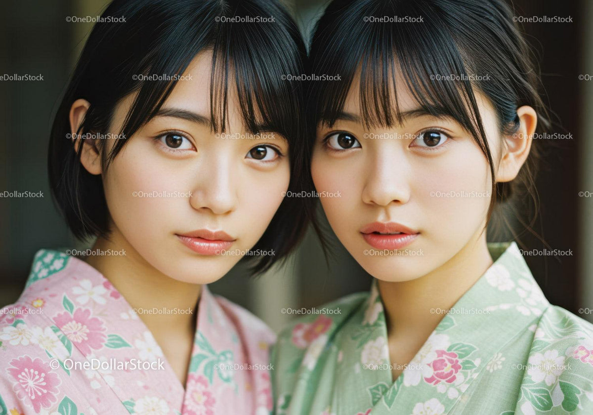 Elegant Young Women in Kimono with Cherry Blossom Pattern