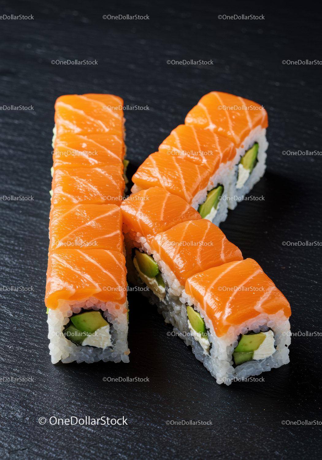 Fresh salmon sushi rolls with avocado on black plate