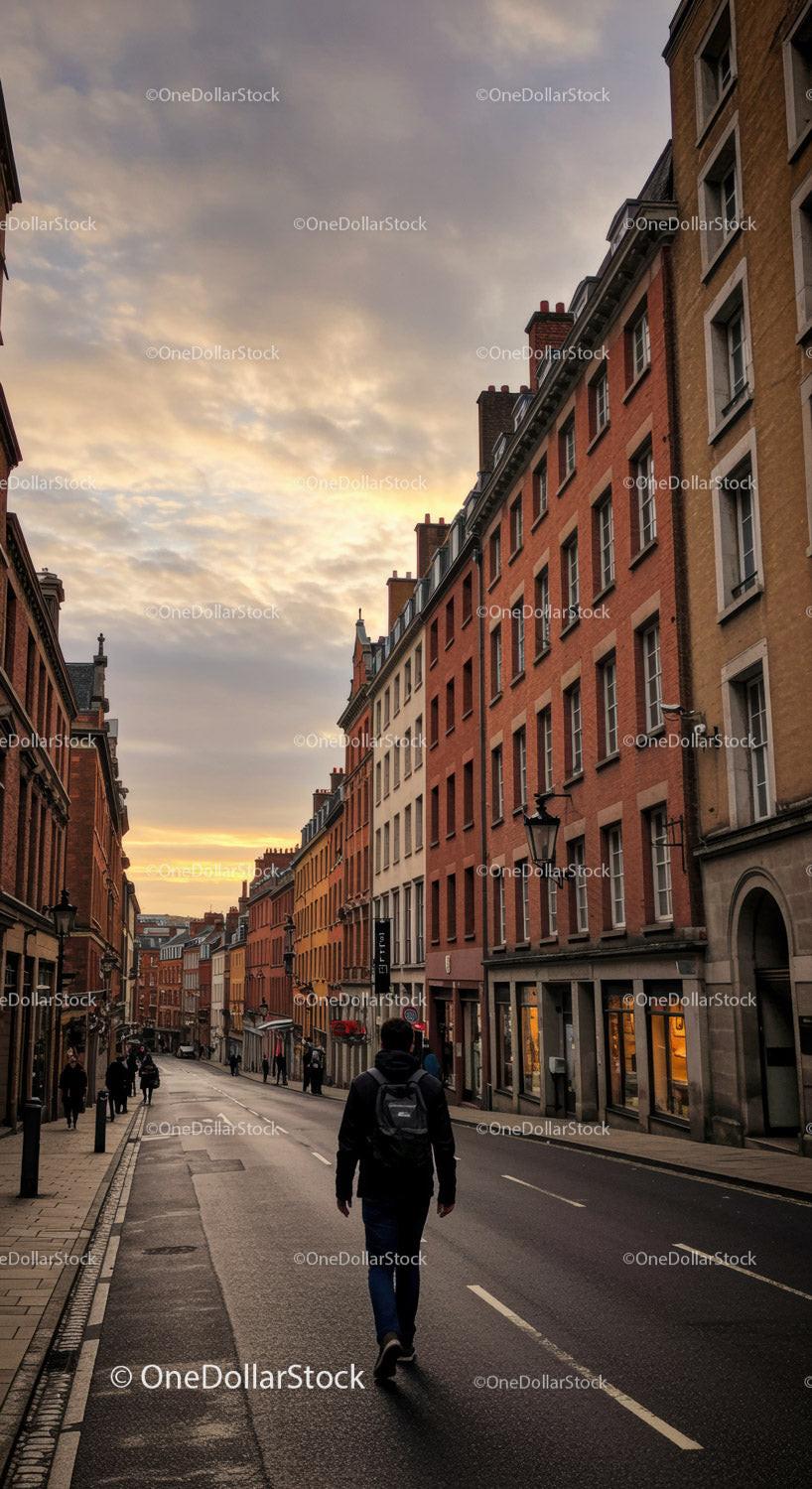 Colorful Urban Street with Walking Pedestrian and Historic Buildings