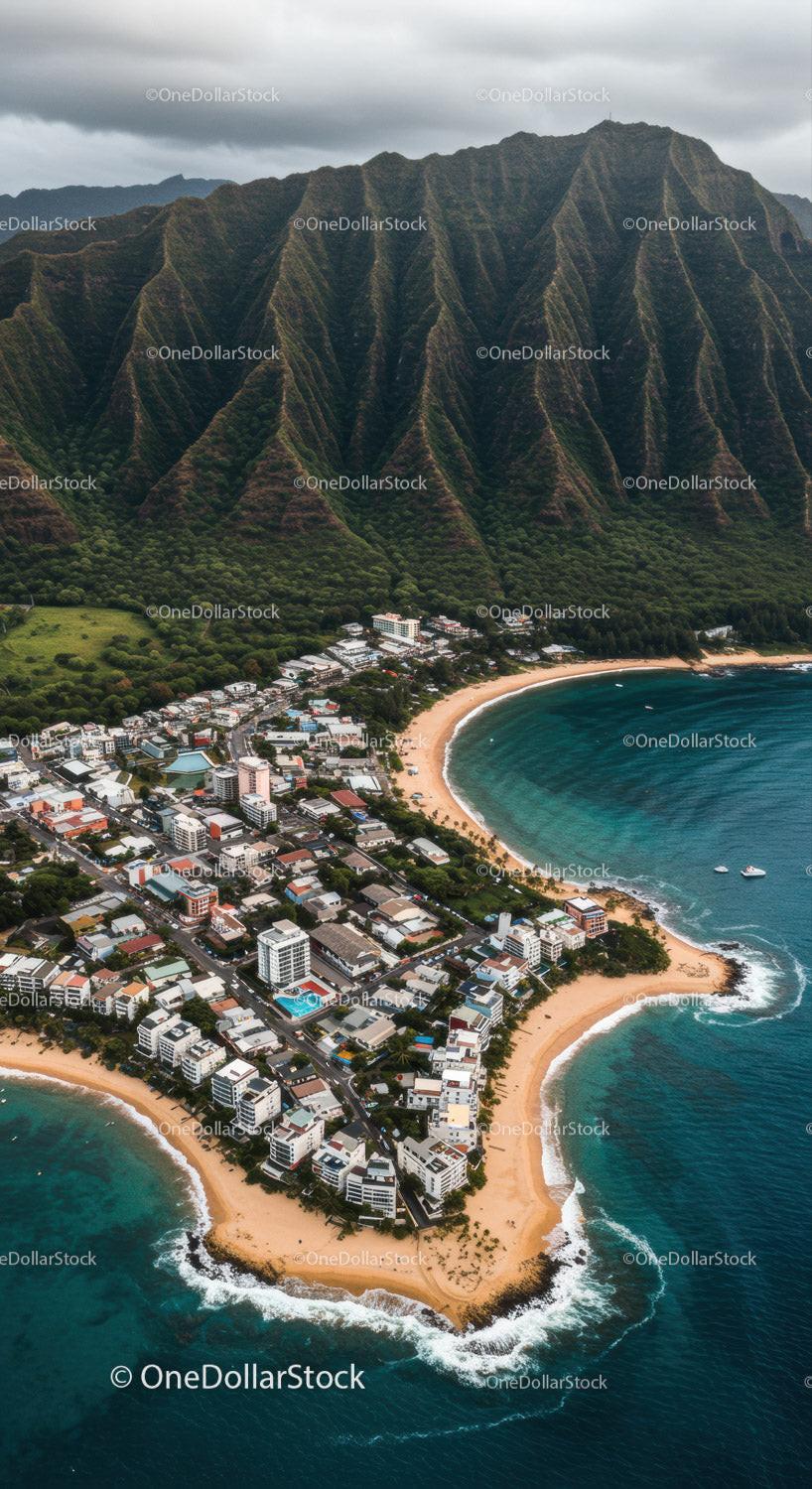 Tropical Coastal Town with Mountain Ridge and Sandy Beach