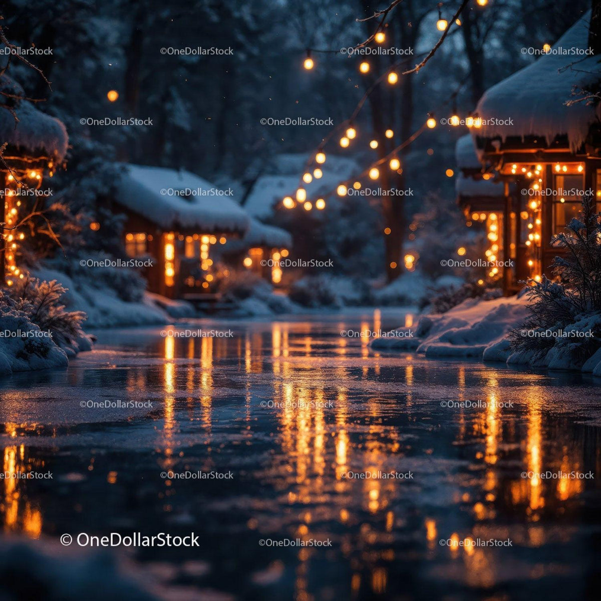 Cozy Snowy Village with Warm Holiday Lights
