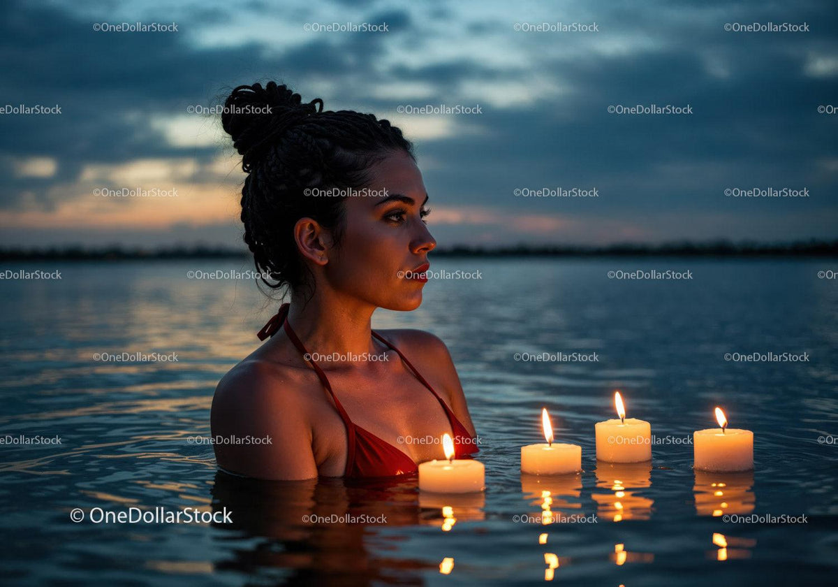 Woman in Black Bikini with Candles Floating in Lake at Sunset Stock Photo Bundle preview 13