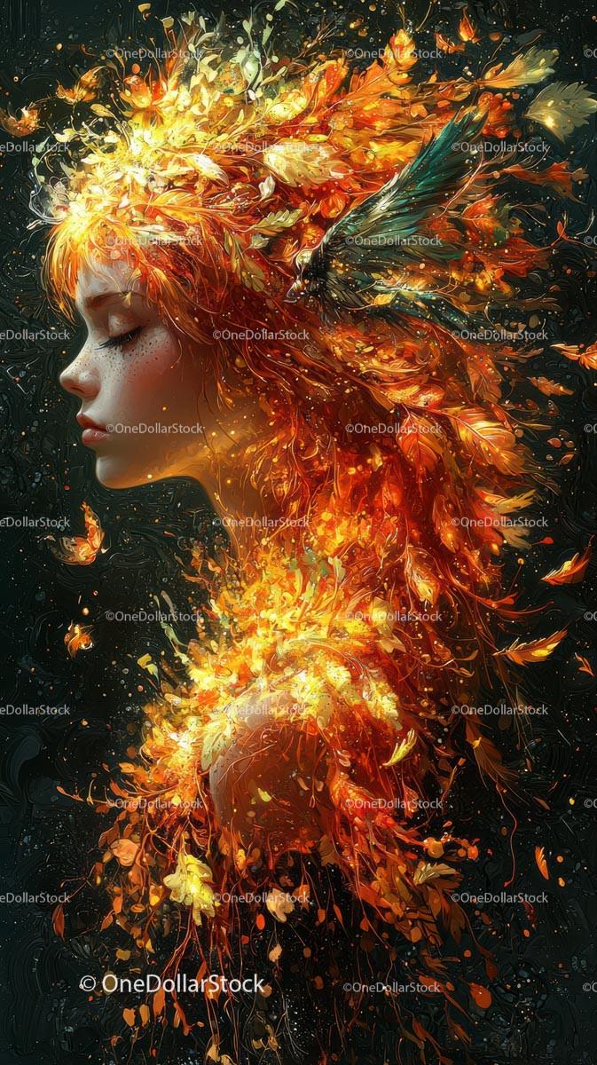 Enchanting Woman with Fiery Red Hair and Gold Leaves Surrounded by Magic