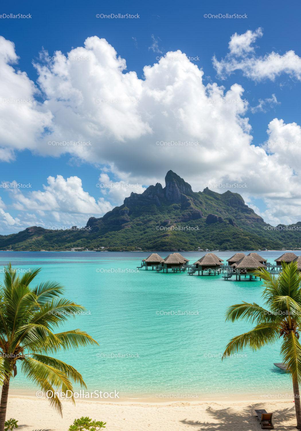 Tropical Island with Overwater Bungalows and Lush Mountain Backdrop