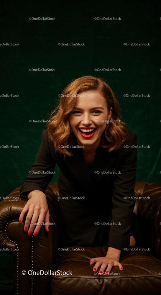 Confident Smiling Woman in Stylish Attire Sitting on Leather Sofa Stock Photo Bundle preview