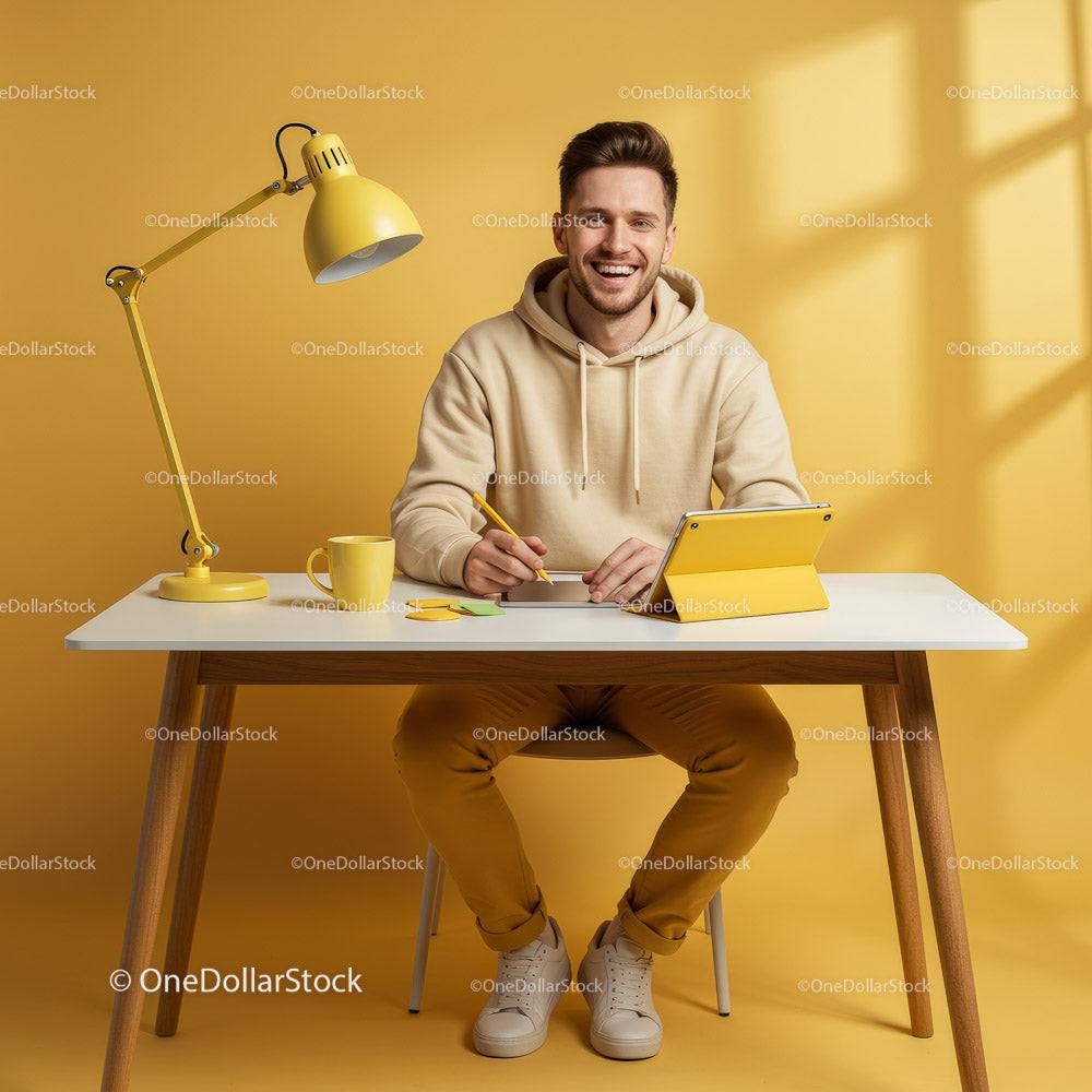 Smiling Man in Casual Attire at Modern Yellow Workspace Stock Photo Bundle preview 8