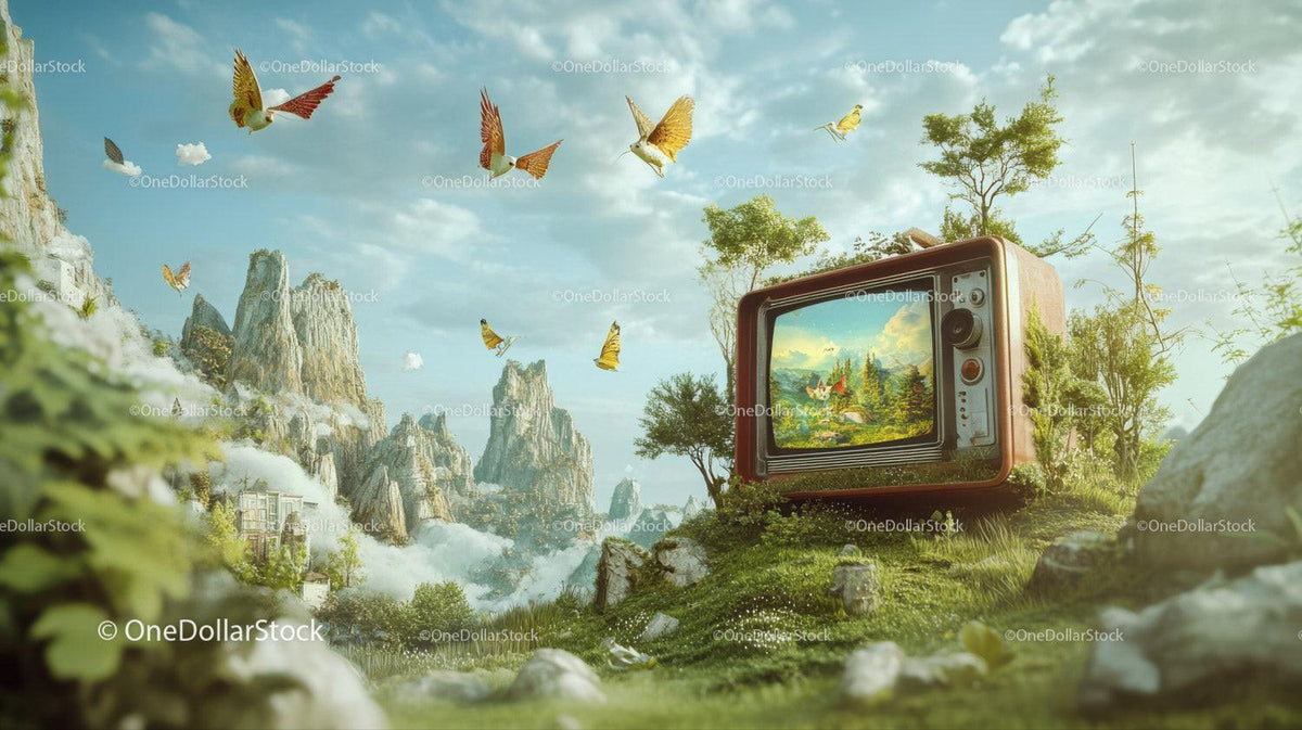 Retro television on grassy hill with butterflies and mountain landscape background