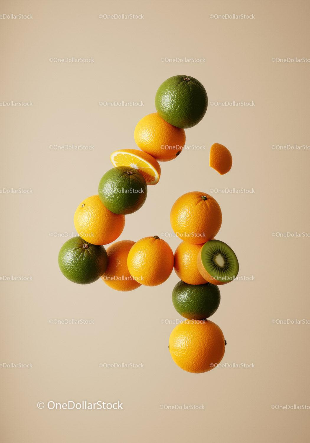 Creative number four made of fresh citrus fruits