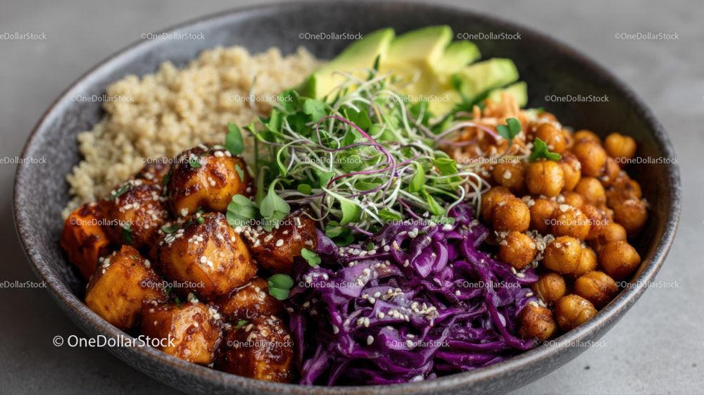 stock photo bundle made with Colorful Vegan Bowls with Chickpeas Sweet Potatoes Red Cabbage and Quinoa Stock Photo Bundle