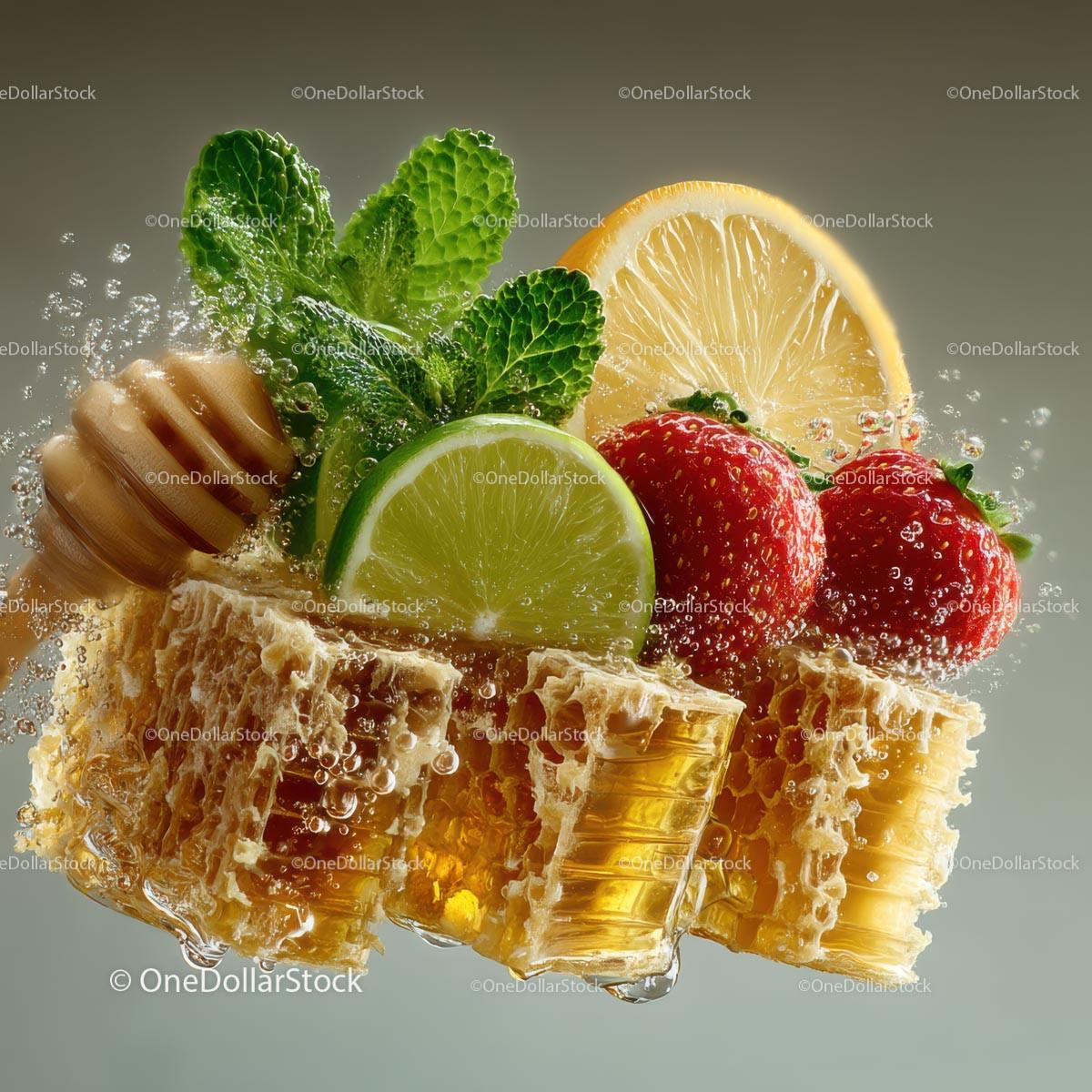 Fresh Honeycomb with Strawberries and Lime Garnish Stock Photo Bundle preview 21