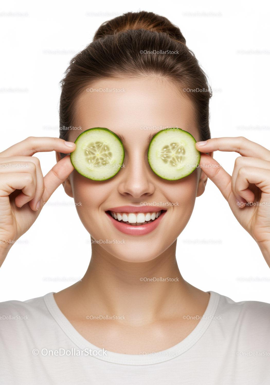 Smiling Woman Holding Cucumber Slices Over Eyes for Fresh Skincare