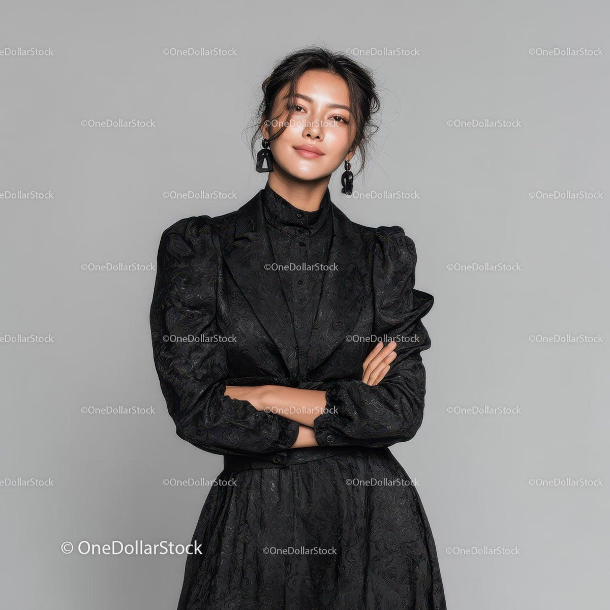 Elegant Woman in Black Dress with Statement Earrings