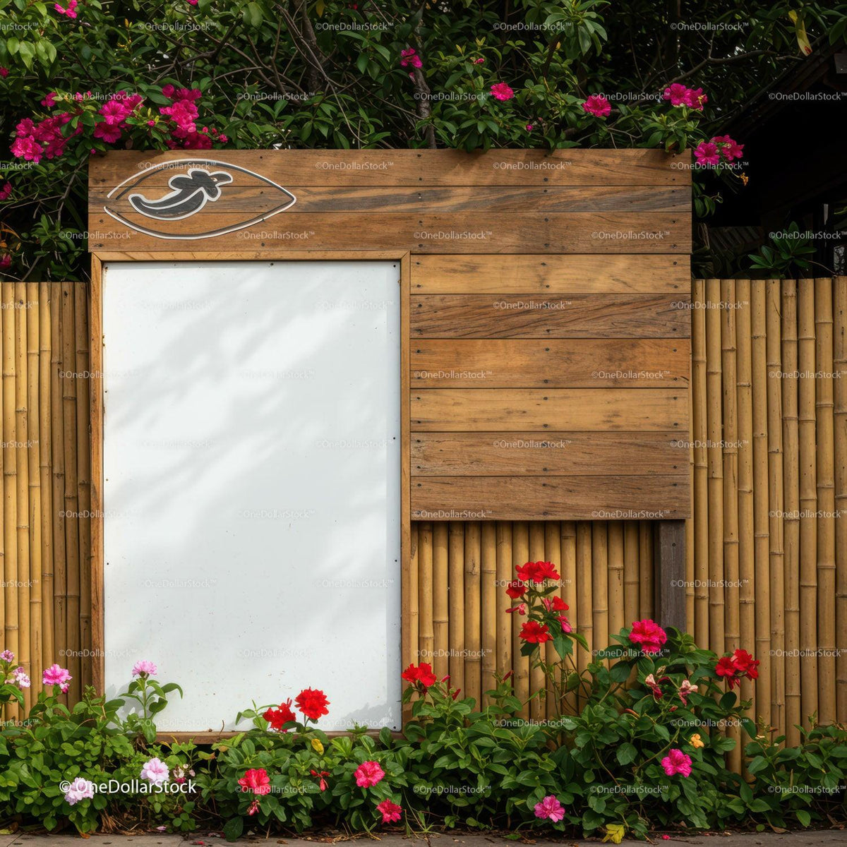 Wooden signboard with colorful flowers and bamboo fence JPG Mockup Image preview