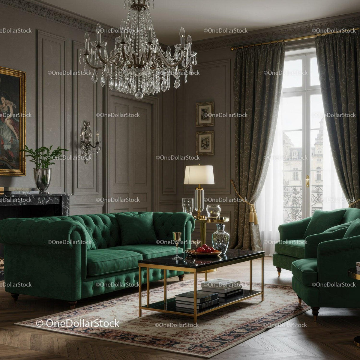 Elegant green velvet living room with chandelier and art
