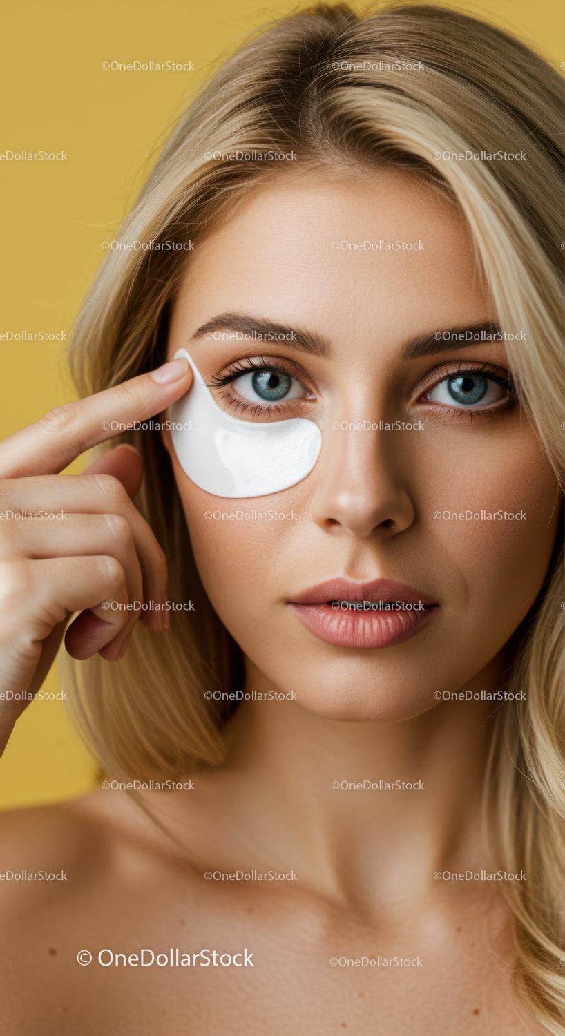 Young Woman with Blue Eyes Applying Eye Patches for Skincare