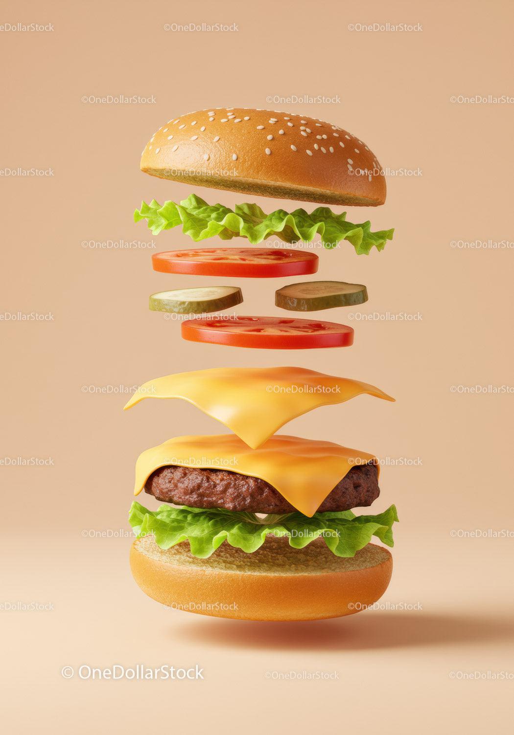 Deconstructed cheeseburger ingredients floating on beige background