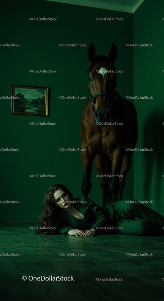 Woman Lying on Floor Beside a Horse in Dramatic Green Room Stock Photo Bundle preview 8