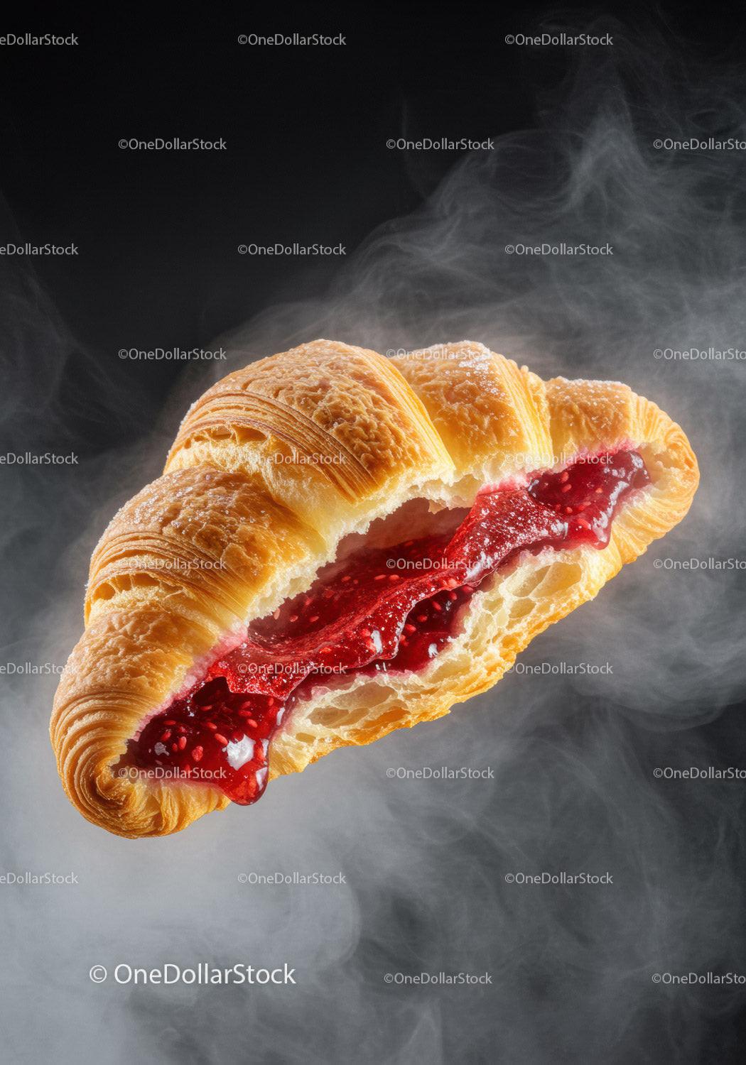 Flaky croissant filled with raspberry jam on dark background