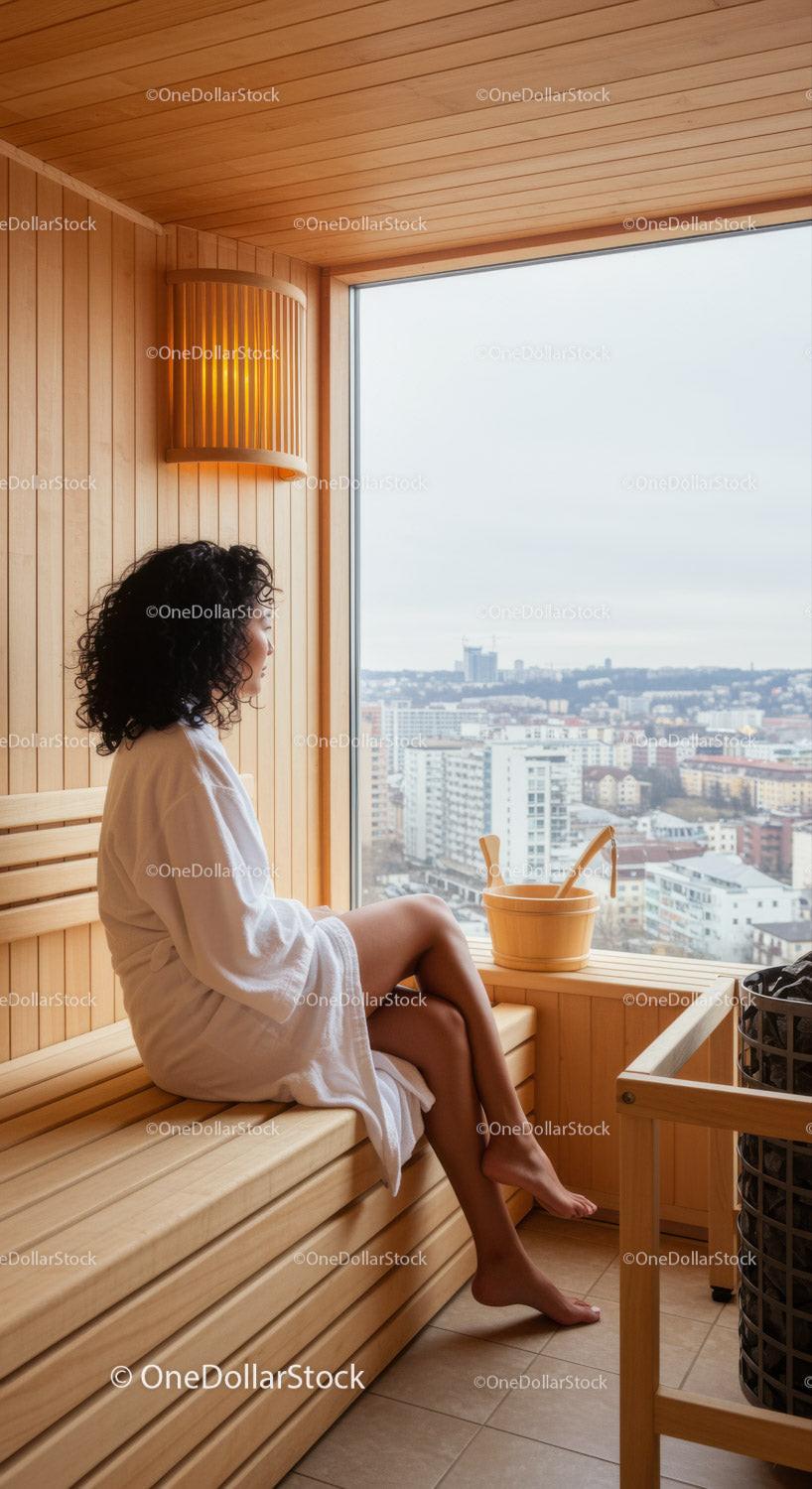Relaxing Woman in Wooden Sauna with City View During Wellness Retreat