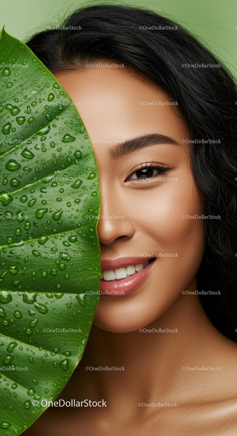 Close-Up Portrait of Smiling Woman with Tropical Leaf and Water Droplets