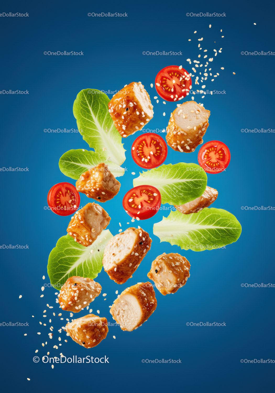 Fresh chicken bites with lettuce and cherry tomatoes