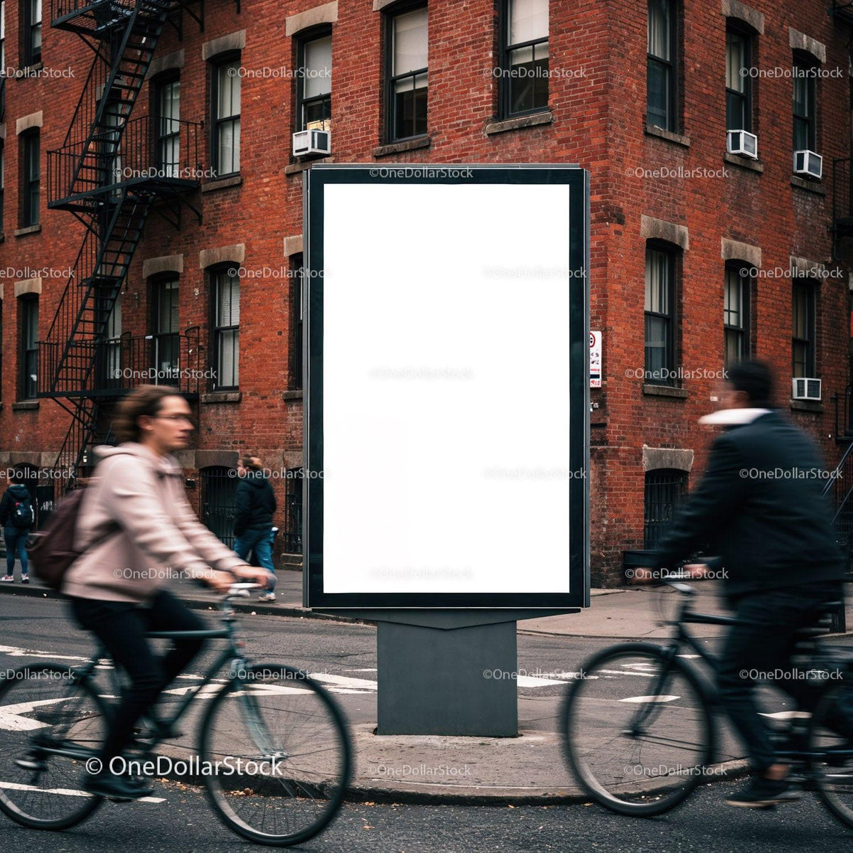 Urban street cyclists passing blank billboard in city JPG Mockup Image preview