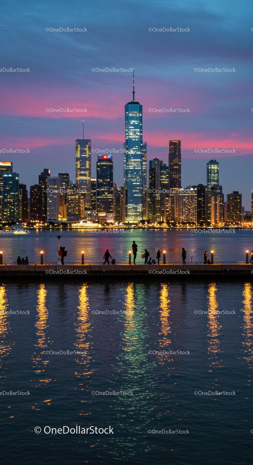 City Skyline with Skyscrapers at Sunset Over Water Reflection
