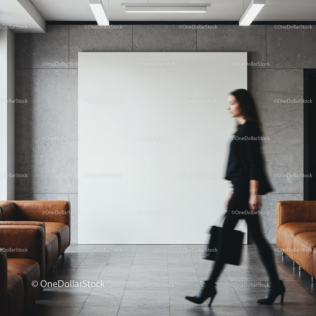 Blurred businesswoman walking past modern office seating JPG Mockup Image preview