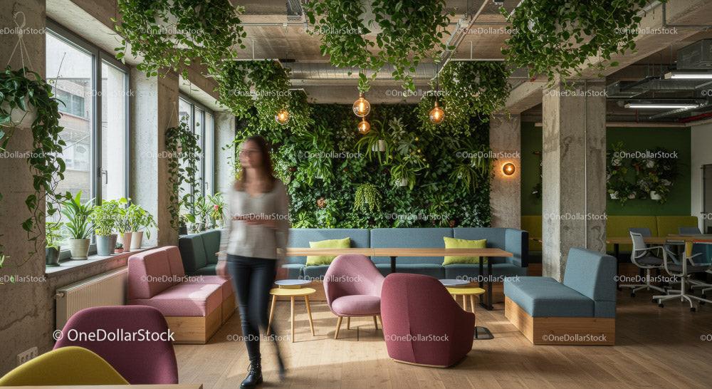 Stylish Office Space with Lush Greenery and Vibrant Lockers Stock Photo Bundle preview 10