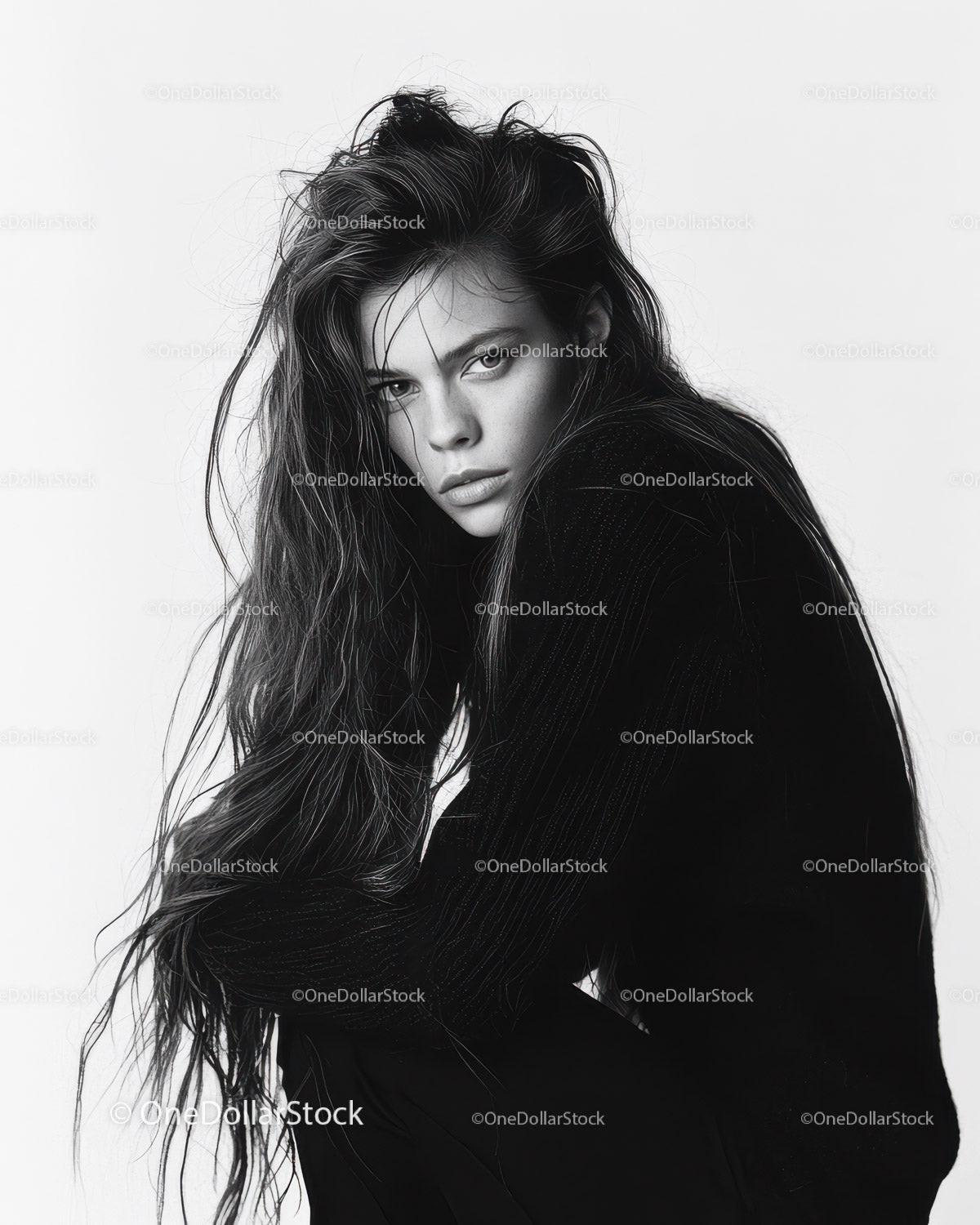 Black and White Fashion Portrait of Confident Stylish Woman