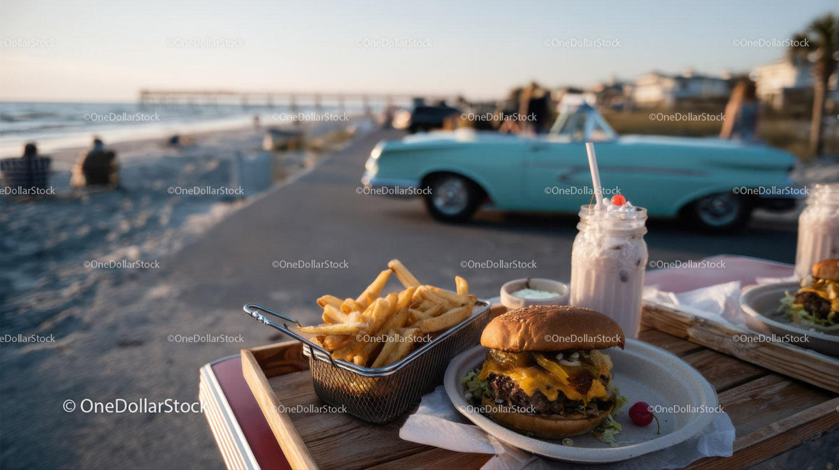Beachside Cheeseburger French Fries and Milkshake with Classic Car Stock Photo Bundle preview 36