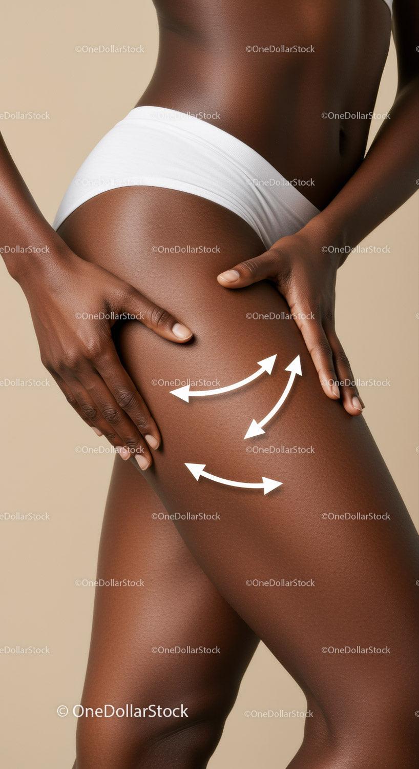 Elegant Woman Touching Thigh with White Underwear and Smooth Skin