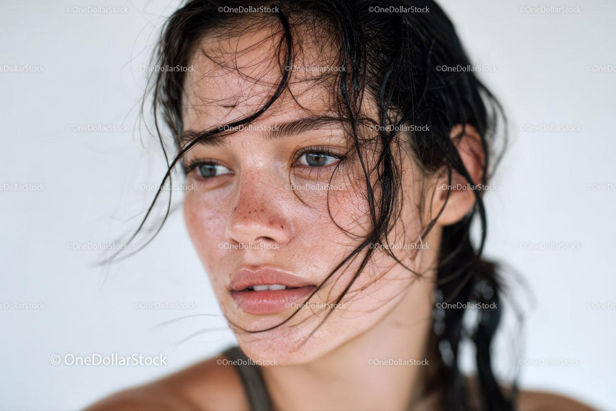 Close-up of a Young Woman with Freckles and Wet Hair