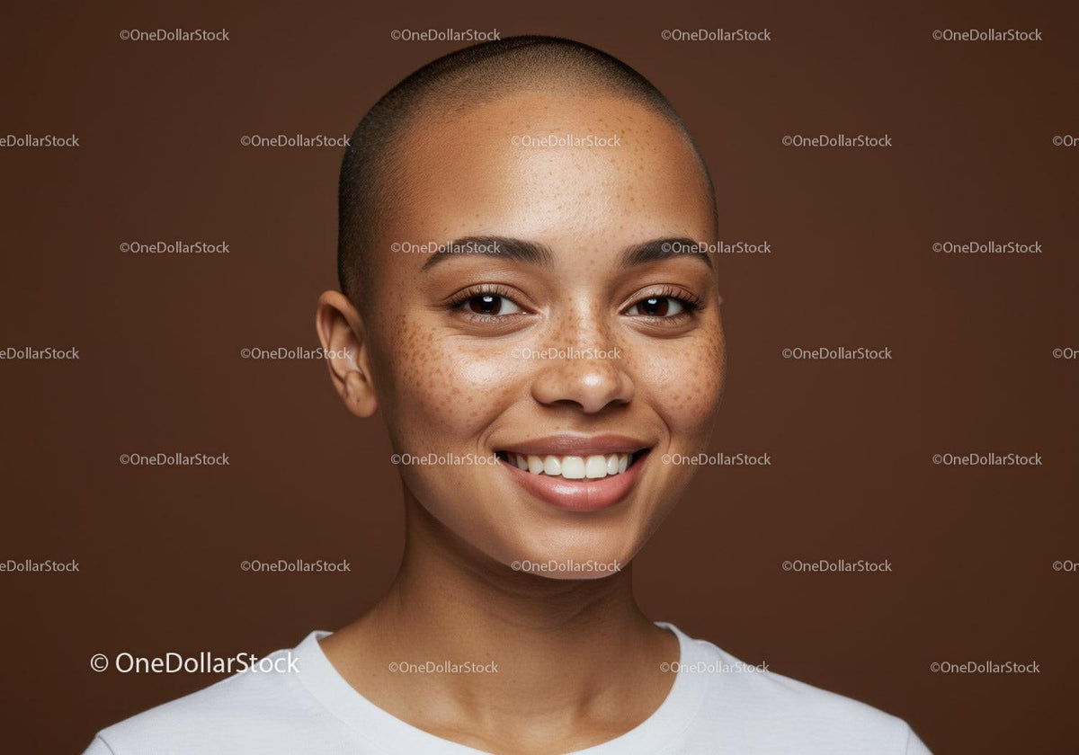 Portrait of a Smiling Bald Woman with Freckles and Clear Skin