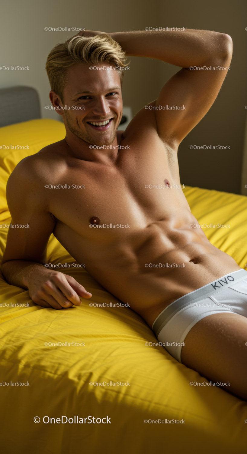 Smiling man relaxing on bed with yellow bedding
