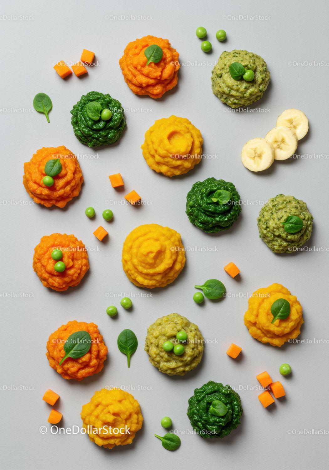Colorful vegetable and fruit purees with fresh greens