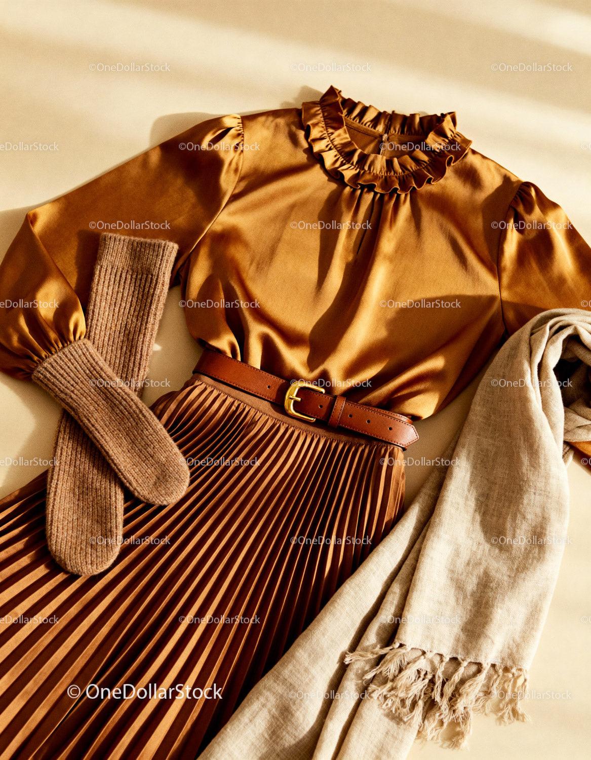 Stylish brown pleated skirt and cozy scarf outfit