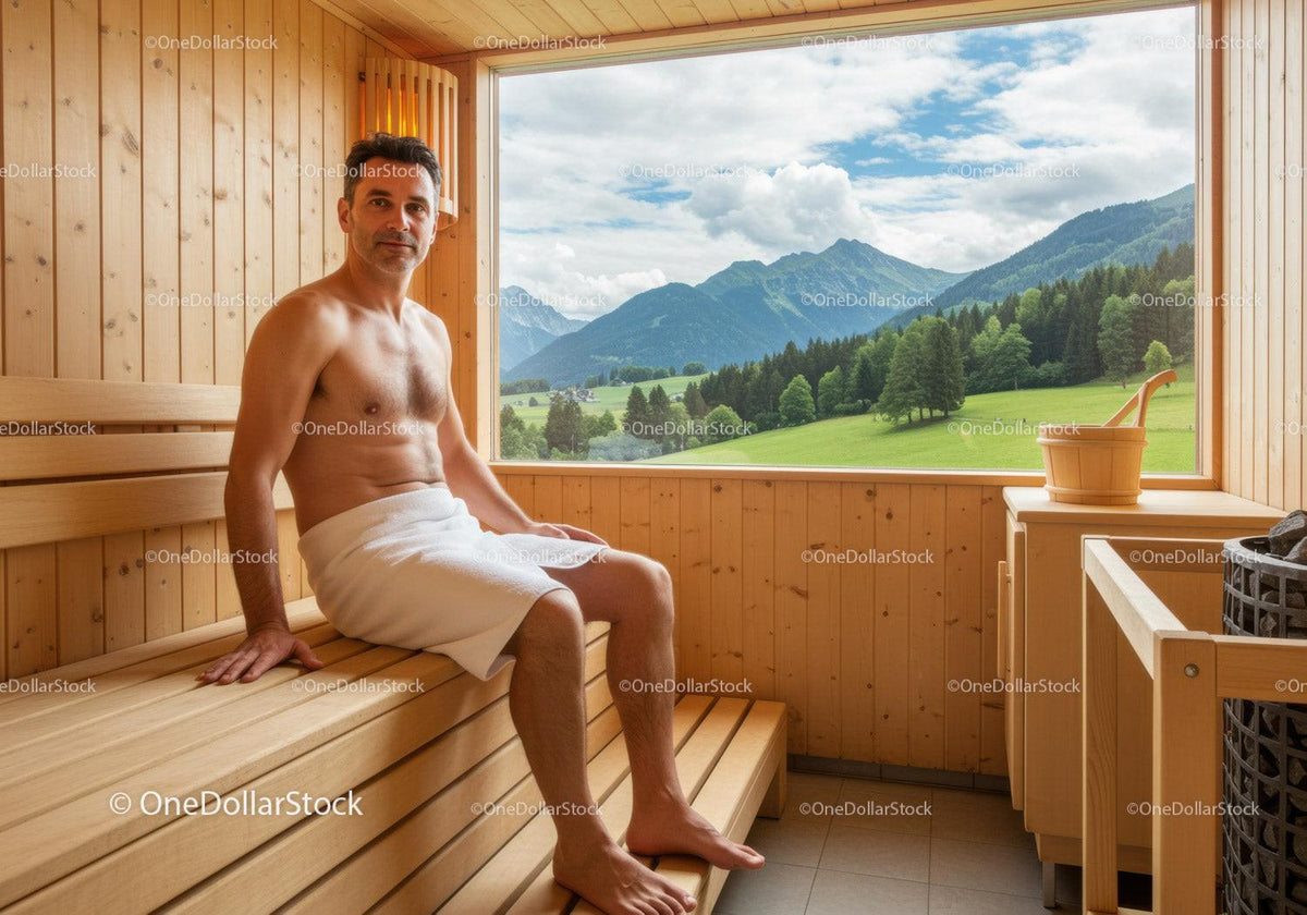 Relaxing Man Sitting in Sauna with Scenic Mountain View