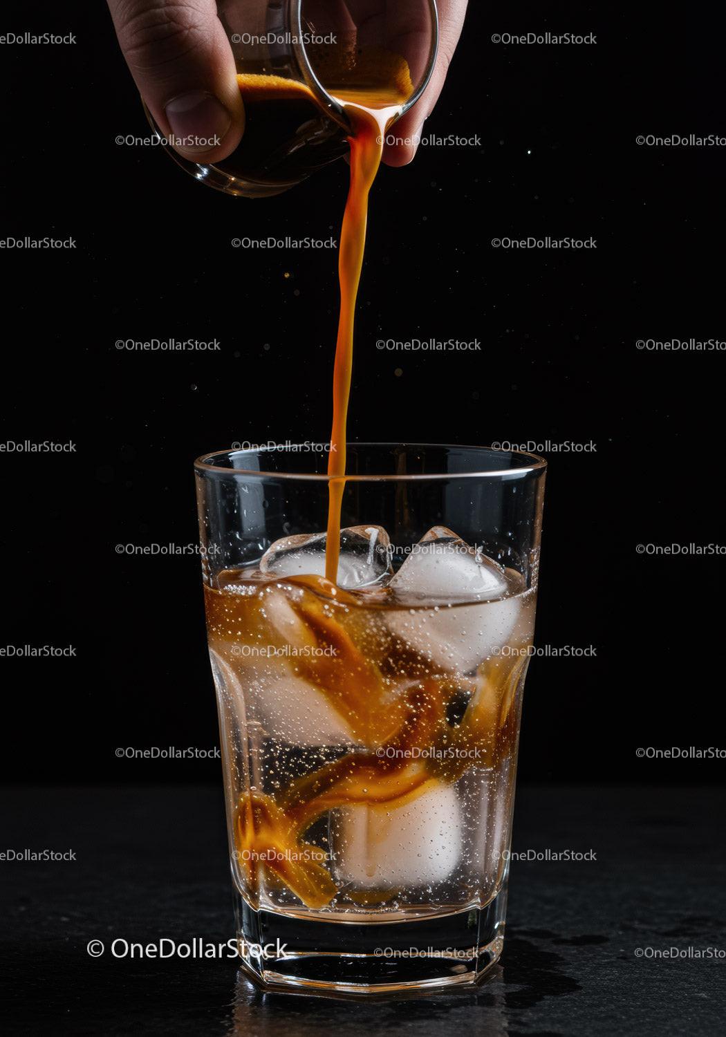 Pouring Coffee Over Ice in a Clear Glass