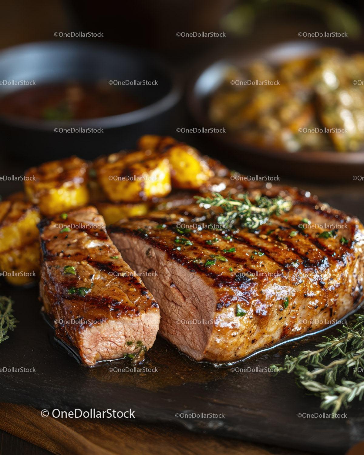 Juicy Grilled Steak with Roasted Potatoes and Herb Garnish